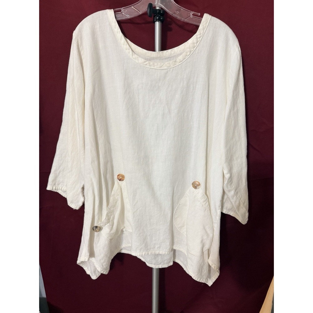 Heart's Desire Mary Grace White Linen Tunic Top Oversized Pockets M (A3244)